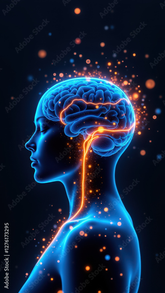 Poster a graphical representation of a human head with highlighted neurological connections and a glowing d