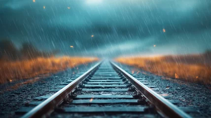 Gordijnen Train tracks stretching into distance under stormy sky, rain falling dramatically © praewpailyn