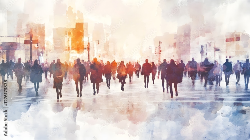 Aufkleber busy crowd of anonymous people walking and commuting on a crowded city street during rush hour in a 