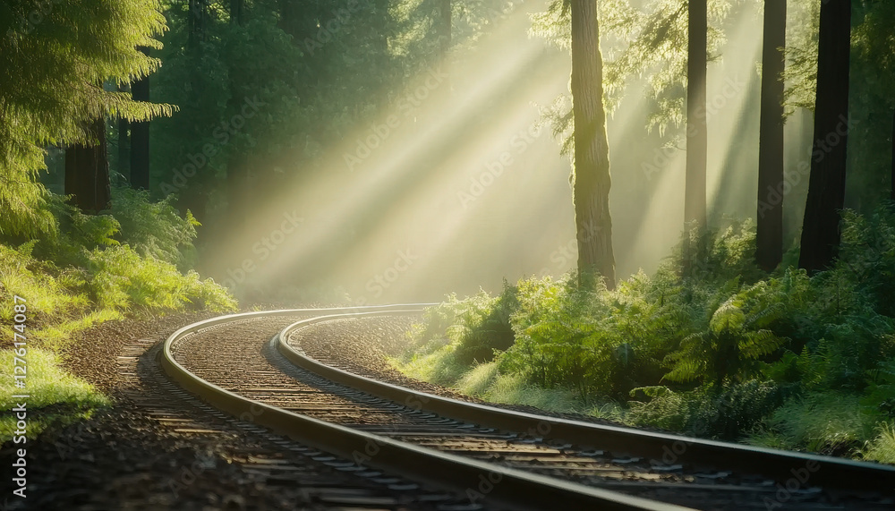 Poster quiet train journey through misty pine forest with sunlight filtering through trees, creating serene
