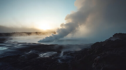Obraz premium Steam rising from geothermal features, tranquil landscape at dawn, showcasing natural beauty and serene atmosphere for relaxation.