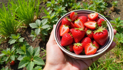 Hand holding bowl of fresh strawberries in garden