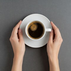 Female (woman) hands hold a white cup with coffee isolated grey and top view.