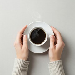 Female (woman) hands hold a white cup with coffee isolated grey and top view.