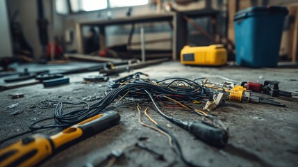 Fototapeta premium Damaged cables lying on the floor of a workshop. Featuring frayed edges and exposed wires