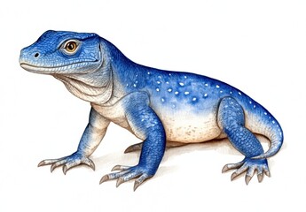 Obraz premium Vibrant blue lizard with white underbelly, illustrated in watercolor style against a plain background. The lizard is depicted in a three quarter