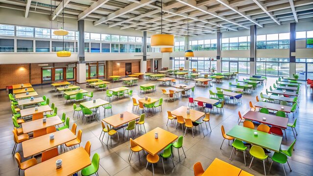 Empty Modern School Cafeteria Aerial View - Bright, Spacious Lunchroom