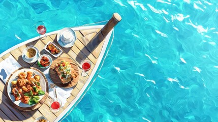 A boat is floating on the water with a table full of food and drinks