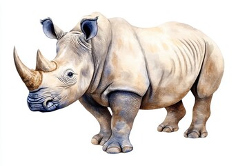 Obraz premium Watercolor painting of a rhinoceros, light beige and brown tones, detailed texture, isolated on white background. Majestic and powerful creature