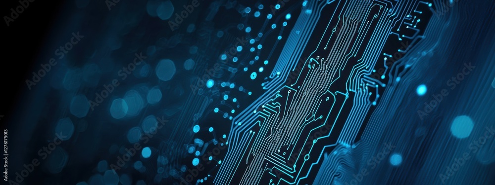 Fototapete futuristic circuit board pulsating with data flowing through electronic connections