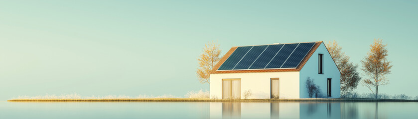 Fototapeta premium Charming contemporary cottage with solar panels integrated into the roof. The home is placed against a soft pastel blue background