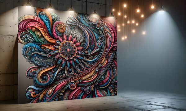 Riesiges Wandbild im Pasley Design mit Lichtspots in einem leeren Studio, copy space
