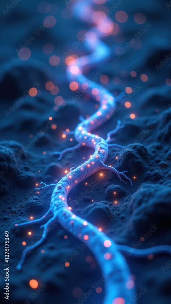 Poster vagus nerve stimulation - a colorful visualization of a neural pathway with bioluminescent effects.