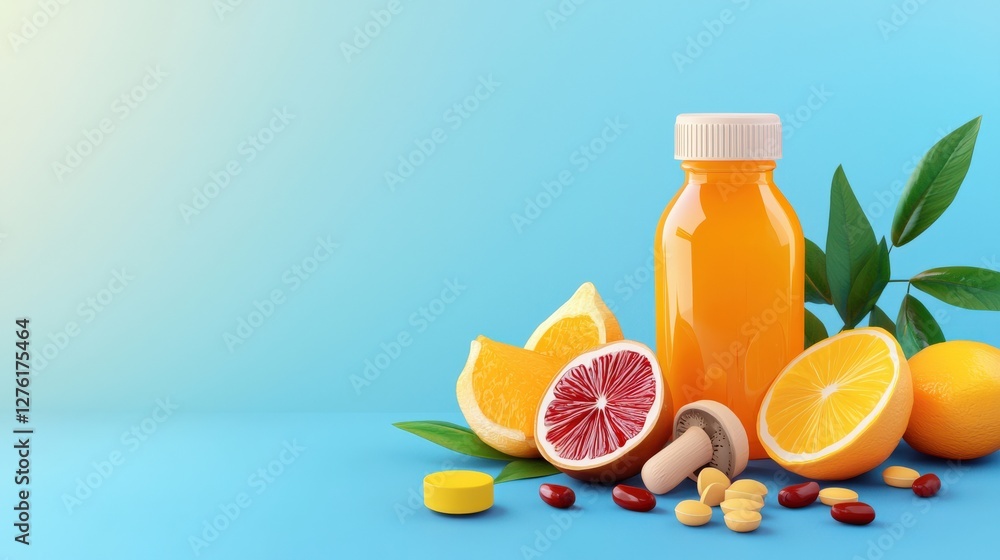 Poster a bottle of orange juice is on a table with a bunch of oranges and a mushroom