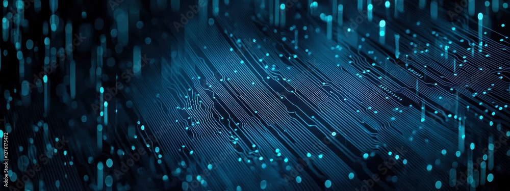 Poster Futuristic circuit board pulsating with data flow in cyberspace