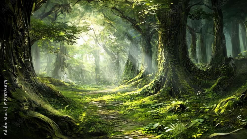 Aufkleber sunlight filters through dense trees in a lush forest creating a tranquil pathway for exploration