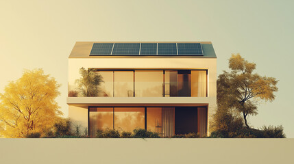 Sleek, modern family house featuring solar panels on the roof, surrounded a green garden