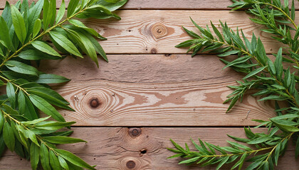 Green pine branches on wooden planks.