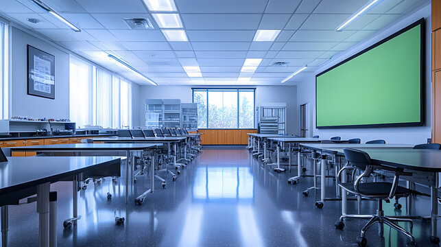classroom in school with conference room or meeting room that has a screen with a green screen