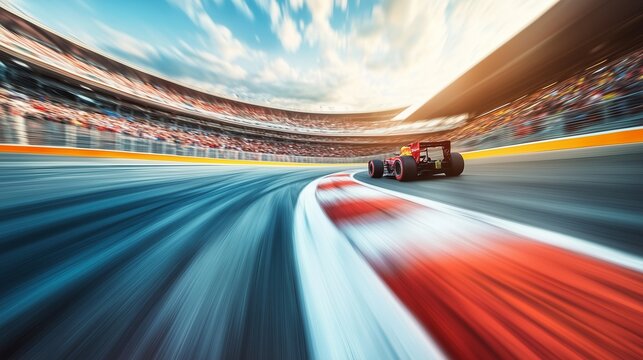An image of racing track with car driving on it. Motion of track circuit in motion race. A blurred image of racing grandstand at the stadium. A picture of a racecourse featuring a car on it lifestyle.