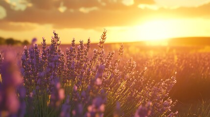 Lavender Field at Golden Hour Aromatic Flowers in Warm Sunset Light