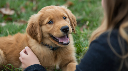A person playing with a puppy, both showing clear signs of happiness