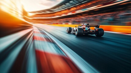 An image of racing track with car driving on it. Motion of track circuit in motion race. A blurred image of racing grandstand at the stadium. A picture of a racecourse featuring a car on lifestyle it.