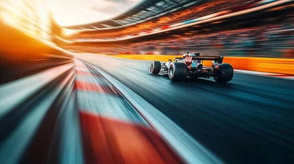 Fototapete Rund An image of racing track with car driving on it. Motion of track circuit in motion race. A blurred image of racing grandstand at the stadium. A picture of a racecourse featuring a car on lifestyle it. © maxximmm