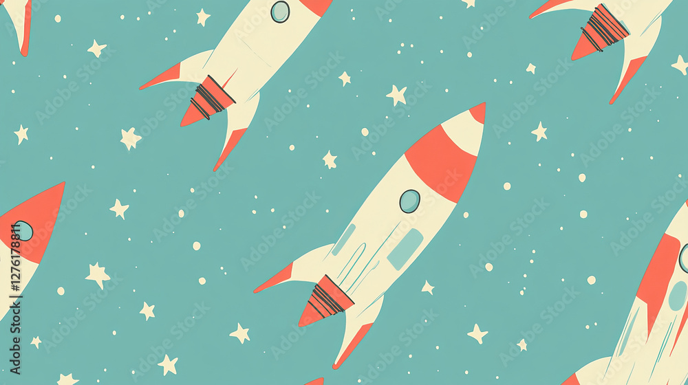 Poster vector spaceship technology ship rocket space vehicle shuttle cartoon seamless pattern background