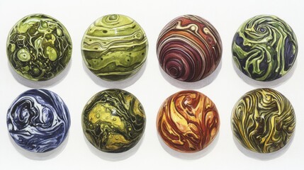 Collection of Colorful Spheres with Intricate Patterns on White Background and Smooth Texture