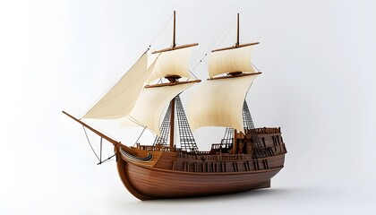 A beautiful wooden model ship with sails on a white background