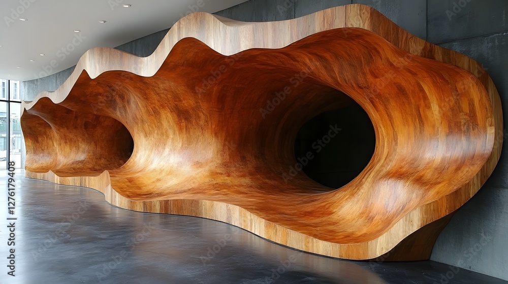 Poster monumental wooden sculpture with sweeping undulating forms evoking organic and architectural element