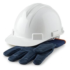 A white hard hat and blue leather work gloves on a white background