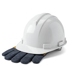 A white hard hat and blue leather work gloves on a white background