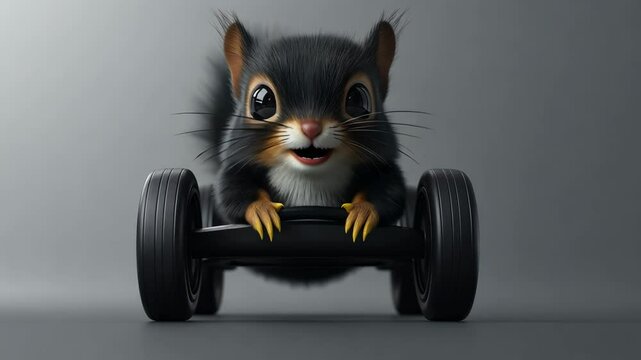 Black squirrel is standing on a wheel. The squirrel is looking at the camera with a smile