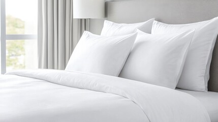 Obraz premium perfectly made bed with crisp white linens, bathed in soft natural light from a nearby window.