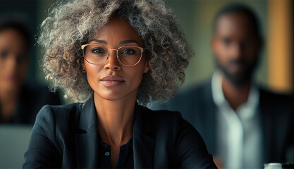 A diverse team gathered around a modern office table, engaged in a collaborative meeting. A confident woman leads the discussion, dressed in casual yet professional attire.