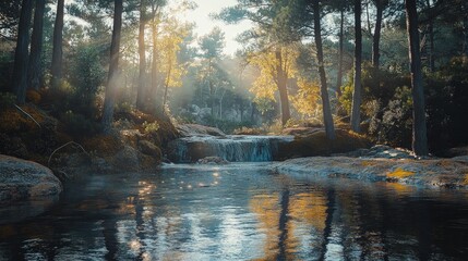 Vibrant Natural Landscape with Waterfall and Sunlight
