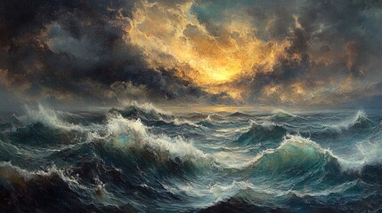 Stormy ocean with massive waves and dramatic skies 