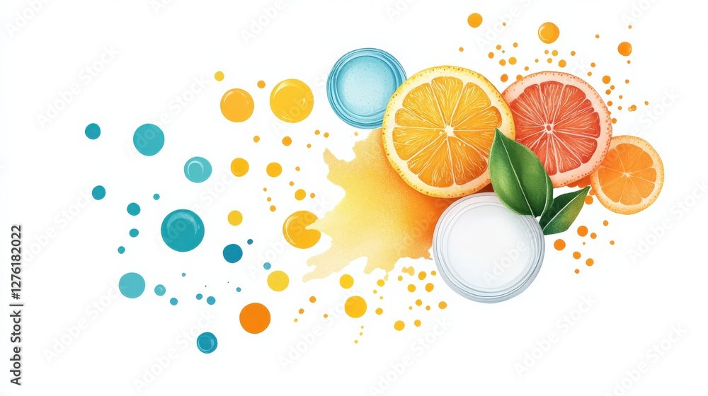 Poster a colorful image of oranges and lemons with a splash of paint