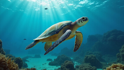 Obraz premium Sea turtle swimming in clear ocean water with sunlight rays