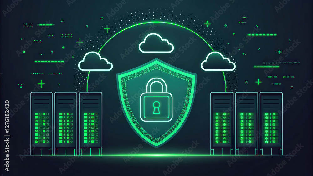 Poster glowing green shield with lock icon protects cloud servers, symbolizing cybersecurity. digital desig