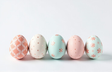 Fototapeta premium A Minimalist Easter Egg Arrangement In Gentle Pastel Tones, White Background Intricate Patterns, Realism 00002