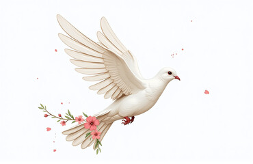 Obraz premium A Minimalist Illustration Of An Easter Dove With A Floral Touch, White Background Intricate Wing Textures, Realism 00002