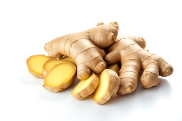 Ginger root and ginger leaves on a white background