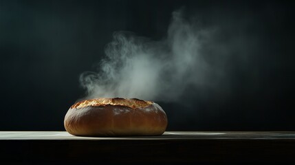 A round bread loaf with a golden crust placed on a wooden table against a dark background.