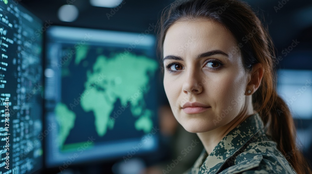 Poster a focused female soldier in camouflage uniform gazes intently at the camera. large computer screens 