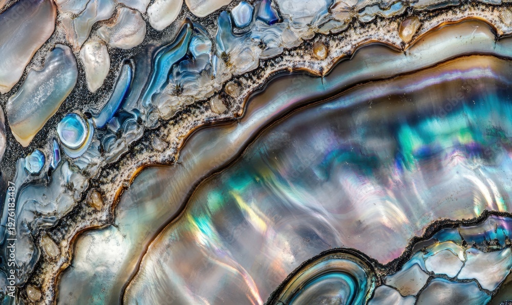 Poster close-up view of iridescent abalone shell showcasing intricate patterns and colors, with natural tex