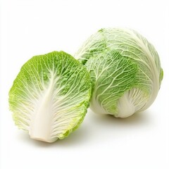 Fototapeta premium Fresh cabbage on a white background, showcasing its vibrant green leaves, perfect for salads or cooking.
