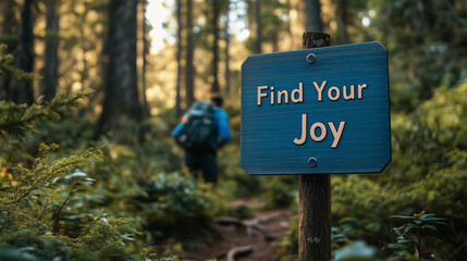 A sign with "Find Your Joy" and a simple image of a person discovering something joyful